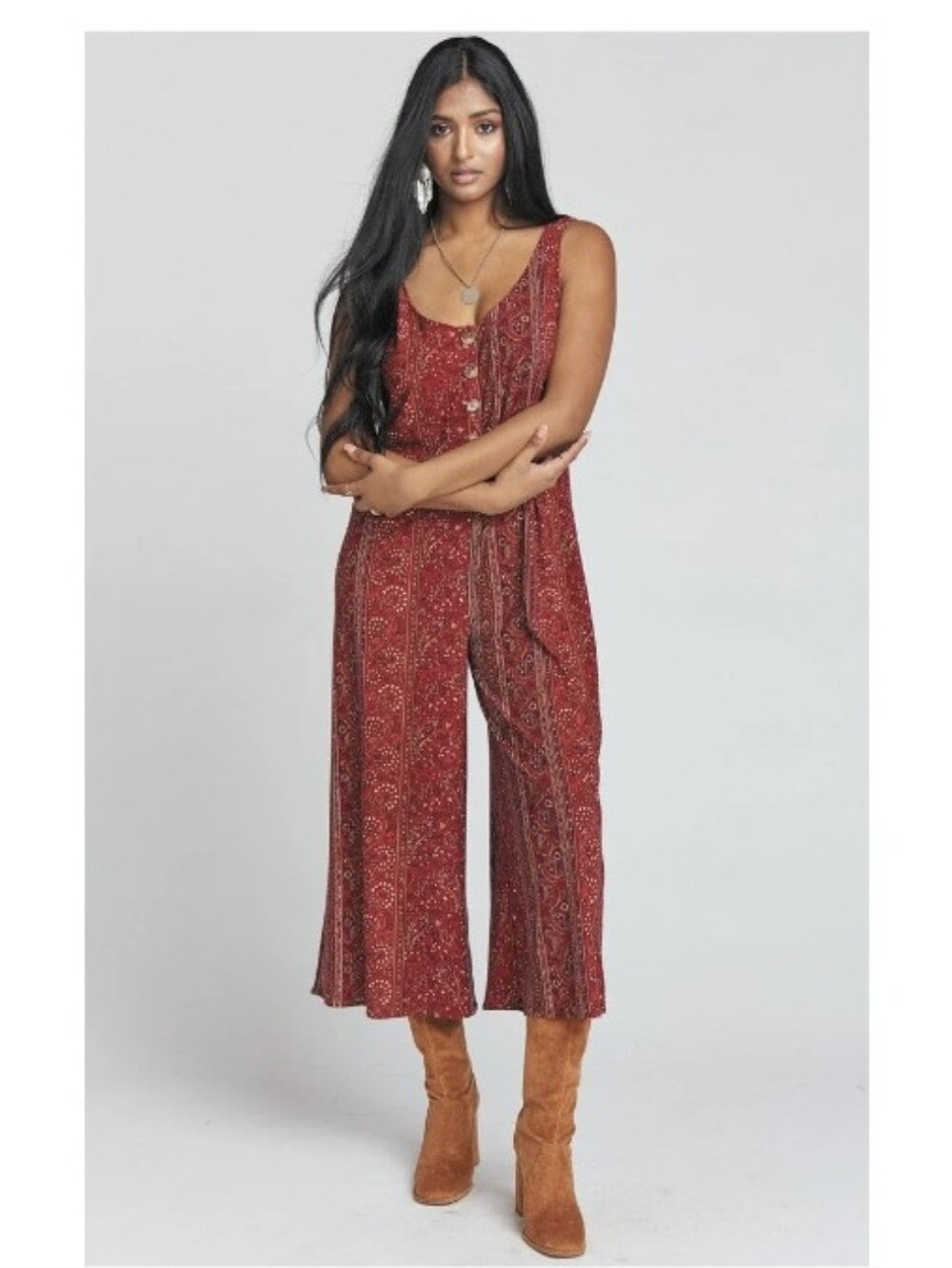 Show Me Your Mumu Red Floral Button-Front Romper Jumpsuit - Size L